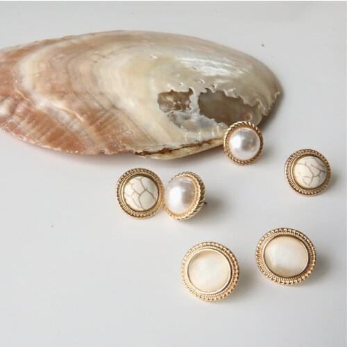 New Vintage Round Marble Opal Stone Big Stud Earrings Women Fashion Temperament Gold Ear Stud Circle Pearls Stone Jewelry