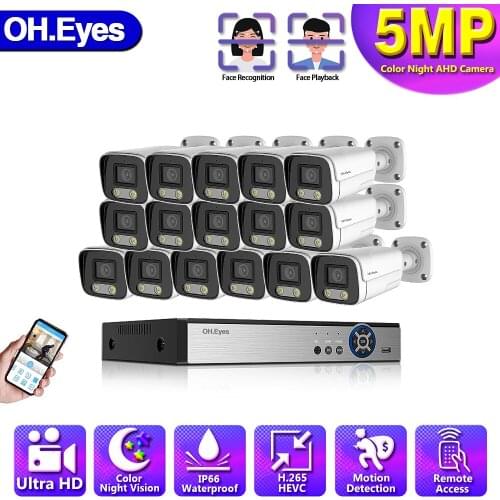 16CH AHD DVR IP66 Ourdoor Full Color Night Motion Detection Security System Set 5MP CCTV Video Surveillance Camera System Kit