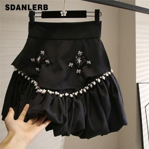 Beads Rhinestones Skirt Three-Dimensional Flower Decoration A-Line Faldas High Waist Pleated Womens All-Matching Slimming Skirt
