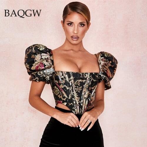 Square Collar Jacquard Boned Bustier Slim Corset Crop Tops Shirt Puff Sleeve Sexy Backless Shirts Blouse Women Zipper Elegant