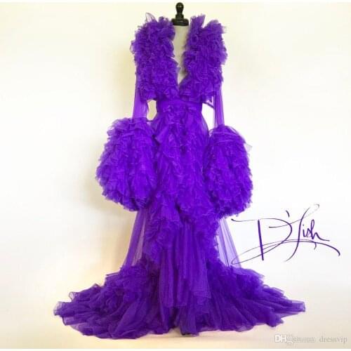 Imperial Grape Ruffled Nylon Chiffon Dressing Gown Ruffled Skirt Collar Long Sleeves Women NightGowns Sexy Robes