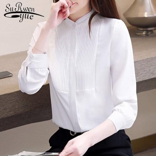 Fashion Spring Chiffon Women Shirts Long Sleeves Solid White Elegant 2021 Womens Tops and Blouses Stand Female 8226 50