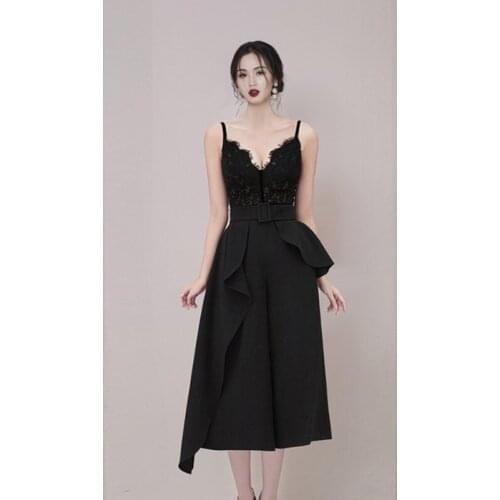 2021 Summer Women Elegant Suits Black LaceSpaghetti-Strap V Neck Blouse Tops + High Waist Ruffles Midi Skirt Two Piece Set