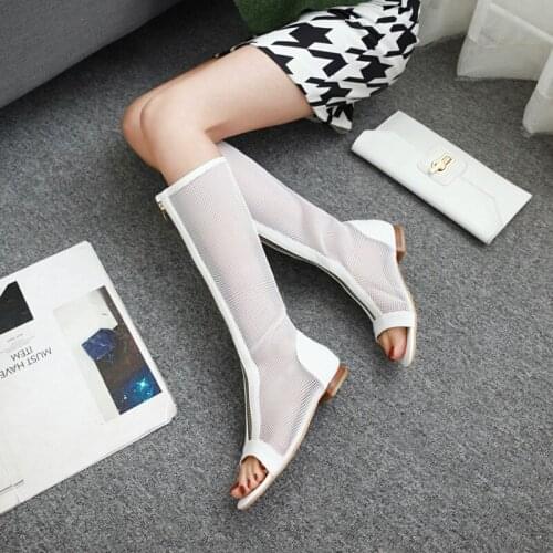 2021 Womens Mid Calf Boots Open Toe Summer Women Boots Hollow Out Female Shoes Breathable Mesh Botas Zip Ladies Low Heels Shoes