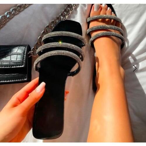 2021 Summer New Style Roman Rhinestone hollow open toe solid color outdoor large size Sandals PU material Women’s slippers 37-41