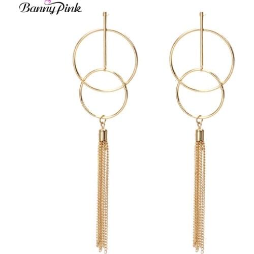 Banny Pink Brief long Metal Chain Tassel Pendant Earrings For Women Chunky Hollow Round Circle Studs Earrings Geo Post Earrings