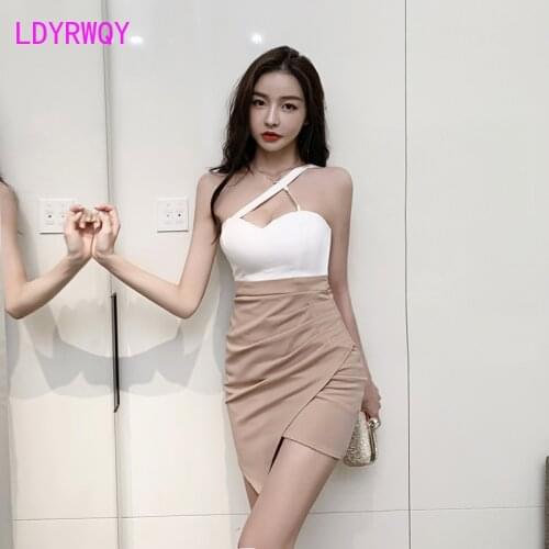 LDYRWQY 2021 low-cut sexy off-shoulder split hip dress design sense temperament color matching tight irregular female sling