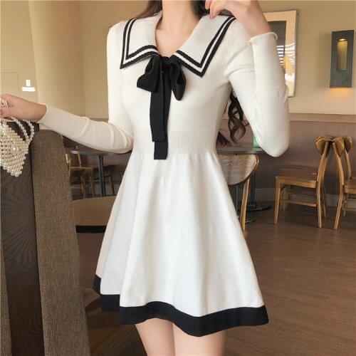 Women Spring and Autumn Dress Bow New Knitted Dress Temperament Mini A-line Sexy Dress Sweet Long Sleeve Dress Women