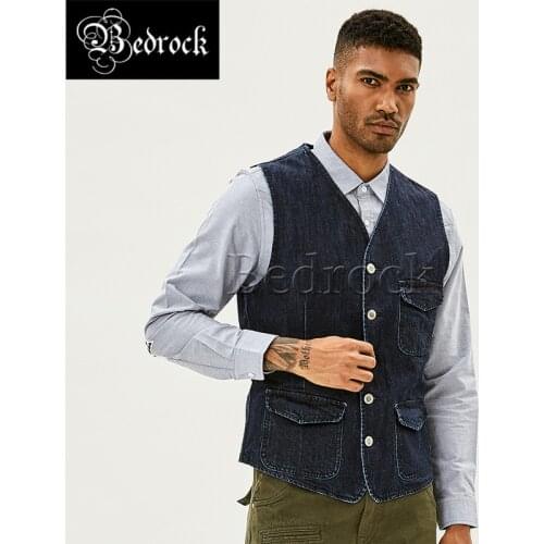Mbbcar American Retro V-neck mens vest raw denim washed water multi-pocket vest Paris buckle Slim tooling vest 377