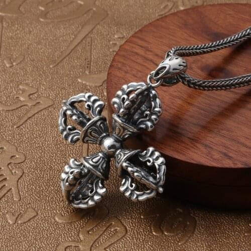100% 925 Silver color Tibetan Tibetan Vajra Pendant Tibetan silver Necklace Buddhist Dorje Amulet Necklace Pendant Fine Jewelry