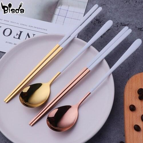 2pcs Flat Chopsticks Spoon Set Eco-friendly Stainless Steel Sushi Long Handle Non-slip Chop Sticks Plating Food Spoon Kit Tools