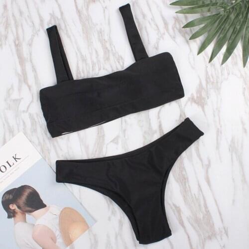 2019 Sexy Womens Solid Bandeau Off Shoulder Low Waist Padded Wireless Bikini Set Bathing Suit