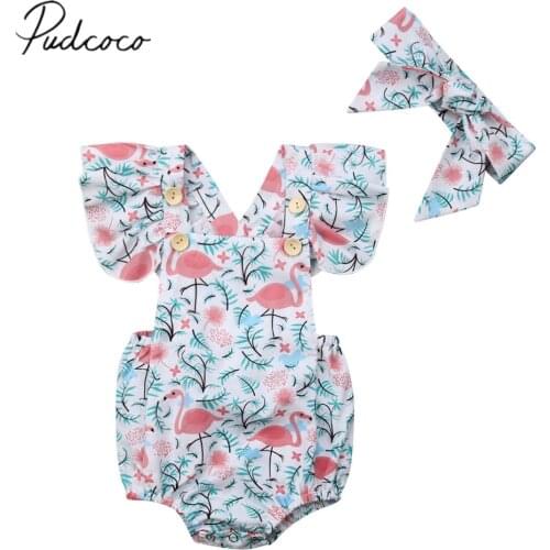 2019 Children Summer Clothing Newborn Infant Baby Girls Flamingos Bodysuit Headband 2Pcs Backless Cross Sunsuit Outfits Clothes