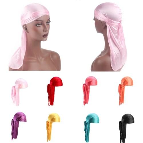 Long Silk Satin Turban Unisex Durag Pirate Hat Solid Color Wigs Girls Breathable Headwrap Hair Accessories Men Women Headwear