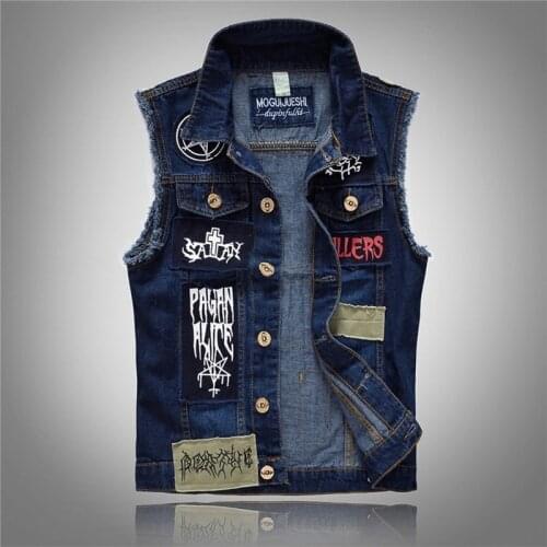 Cowboy Jeans Vest Mens Classic Vintage Sleeveless Jackets Fashion Embroidery Patch Designs Punk Rock Ripped Denim Vest Man Tanks