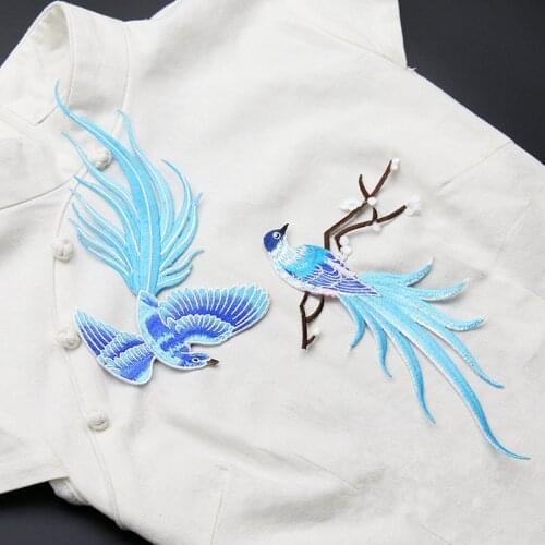 Blue Bird of paradise Patches Lace Fabric Embroidery Patches Applique Motifs Sewing Crafts Cloth Cheongsam Ornament Fabric