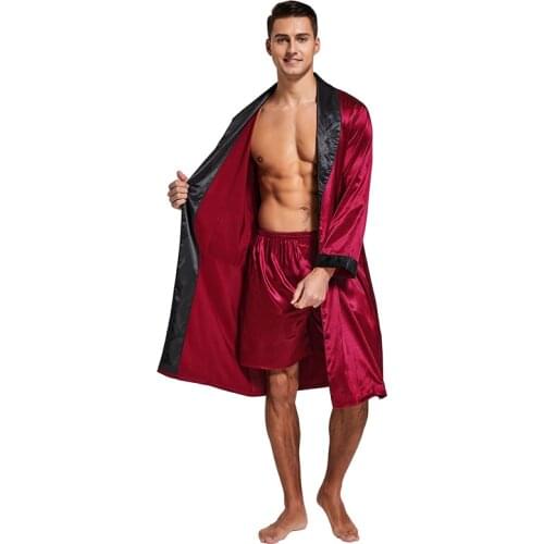 Tony & Candice Men’s Satin Robe Lightweight Long Sleeve Silk Kimono Bathrobe with Shorts Set Sleepwear