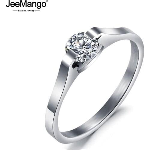 JeeMango Luxury Rhinestone Women Finger Ring High Quality Stainless Steel Wedding Ring Female Engagement Jewelry Anel JR19170