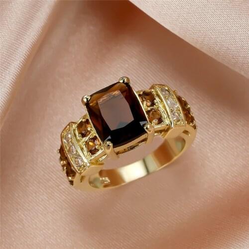 Big Square Coffee Zircon Brown Stone Rings For Women Men Wedding Jewelry Vintage Fashion Yellow Gold Crystal Ring Valentine Gift
