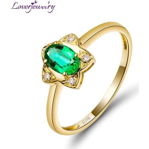 LOVERJEWELRY Flower Shape кольца Natural Emerald Diamonds Wedding Rings Real 18K Yellow Gold Genuine Fine Jewelry For Women Gift