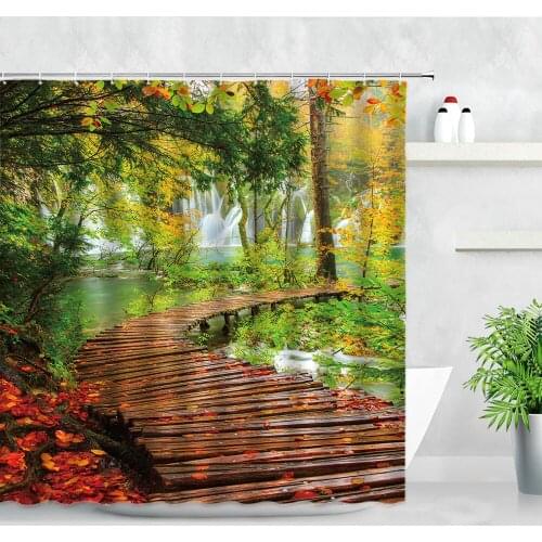 Forest Landscape Shower Curtains Wooden Bridge Running Water Green Plants Tree Natural Scenery Waterproof Bathroom Decor Curtain