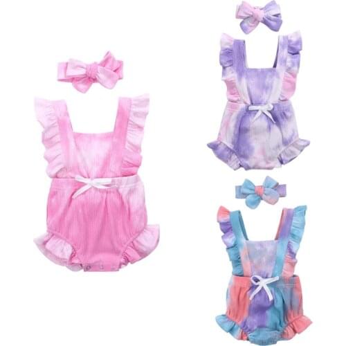 Cute Princess Baby Girls Romper Tie-Dye Printed Clothes Bodysuits Toddler Infant Playsuit+Headband Suit Children Summer Clothing