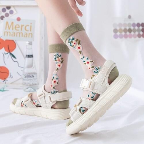 Sexy Socks Women for Summer Ultra-thin Transparent Cass Glass Fiber Silk Socks Fashion Small Flower Japan Middle Tube Cute Socks