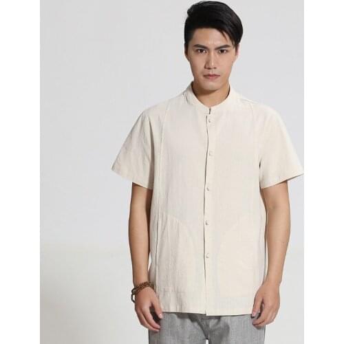 New Fashion Beige Mens Cotton Shirt Top Chinese Mandarin Collar Blouse Classic Button Kung Fu Costume S M L XL XXL XXXL