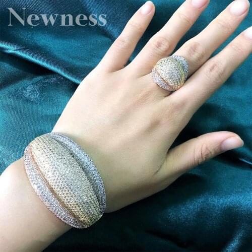 Newness Dubai Wedding Cubic Zircon Three Tone Copper Bracelet Bangle And Ring Jewelry Sets For Women Bride Accessories
