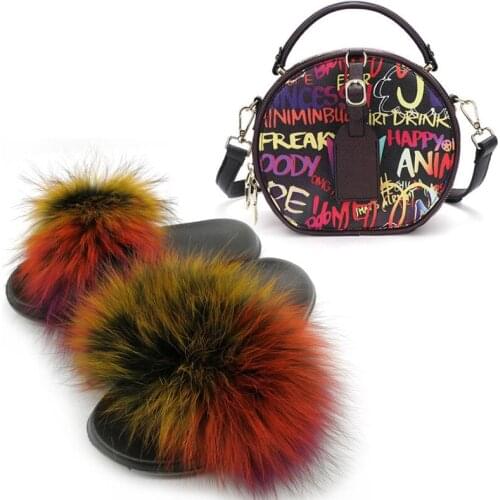 New Graffiti Small Round Bags Indoor Fluffy Fox Fur Slippers Warm Multicolor Fur Flip Flops Women Brand Luxury Chain Handbags