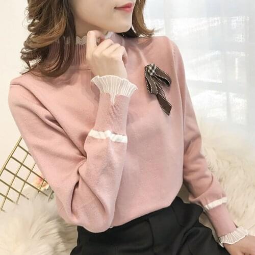 Autumn Winter Style Women Warm Knitted Pullover Sweater Lady Casual Long Sleeve Turtleneck Bow Tie Decor Pullover Shirts ZZ0884