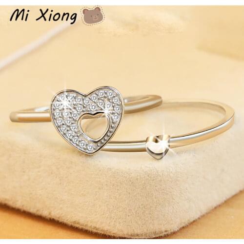 Mi Xiong s925 sterling silver love heart full diamond couple ring shines charm prom engagement anniversary brand jewelry
