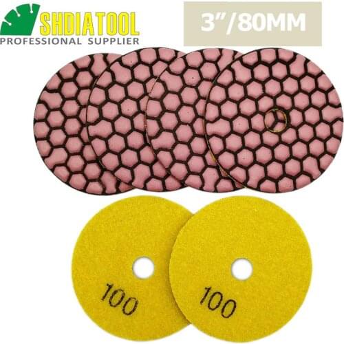 SHDIATOOL 6pcs 80mm G#100 Resin Bond Flexible Diamond Dry Polishing Pads For Granite Marble Ceramic Diameter 3inch Sanding Disks