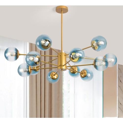 Nordic Modern Gold Lustre Chandeliers 6-16 Heads Blue And Amber Glass Spheres Art Living Room Dining Room Lamp Luminaire Fixture