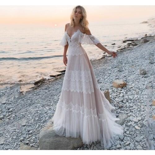 Bohemian Wedding Dresses 2021 Off Shoulder Lace Appliques Bridal Gowns Sexy Backless Beach A Line Wedding Dress Robe De Mariee