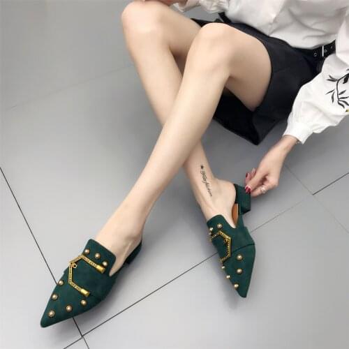 Fashion Women Slippers Pointed Toe Green Shoes Pearl Rivet Design Shallow Slip On Thick Low Heels Pumps Pointed Toe Shoes Woman