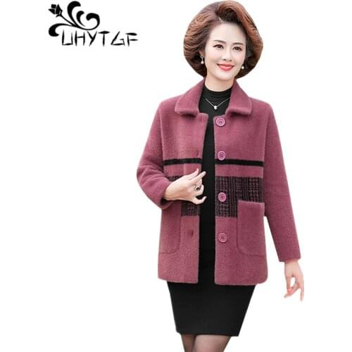 UHYTGF elegant mom autumn winter wool jacket quality mink fleece loose 6XL plus size tops outerwear casual women short coat 1056