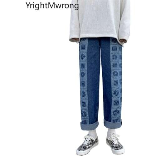 Hip Hop Baggy Plus Size Loose Straight Leg Side Bandana Contrast Print Denim Pant Streetwear Woman Man Fashion Jeans Black Blue