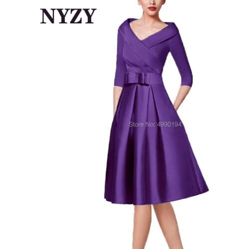 Vintage Satin Purple Mother of the Bride Groom Dresses with Sleeves NYZY M256P Formal Dress for Wedding Party robe de soiree