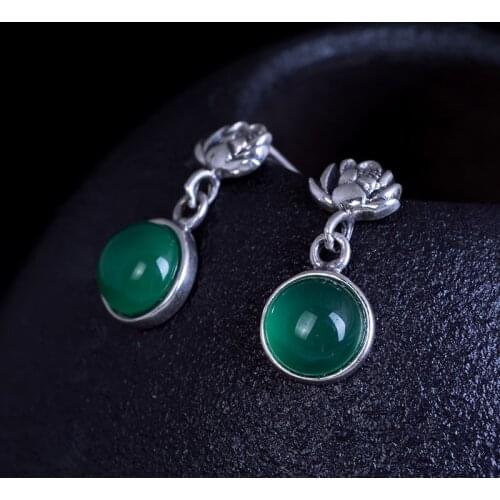 VLA 925 Ailver Retro Court Design Chrysoprase Lotus Earnails Women Simple Personality Flower Earrings Wholesale