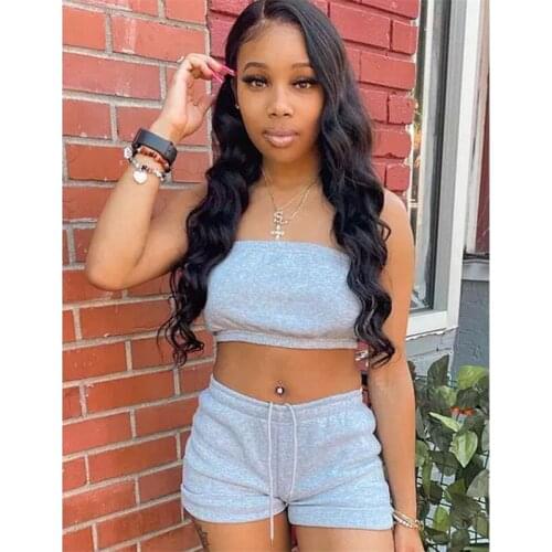 Women Solid Color Clothes Set Sleeveless Strapless Cropped Tops + Drawstring Short Pants 2 Piece Set Pink/Grey/Black