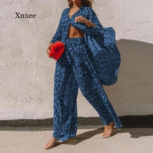 Fashion Spring and Summer Womens Button Suit Leopard Print Shirt and Wide-Leg Pants 2021 Long-Sleeved Loose Suit Streetwear