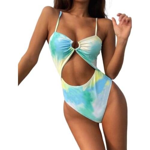 Womens Swimsuit Sexy Sleeveless Cut Out Ring Front Tie Dye Print Swimwear Monokini