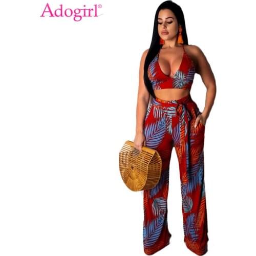 Adogirl Leaf Print Women Casual 2 Piece Set Sexy V Neck Halter Backless Crop Top Bandage Wide Leg Pants Women Fashion Suits