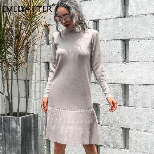 EVERAFTER Straight knitted dress women solid warm lantern sleeve ruffles autumn winter sweater dress chic casual work dress 2020