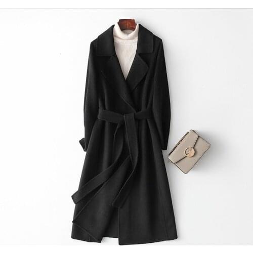 Women Winter Wool Coat 2021 with Belt Cashmere Vintage Elegant Jacket Fashion Outerwear Long Coat Female Casaco Feminino Y493
