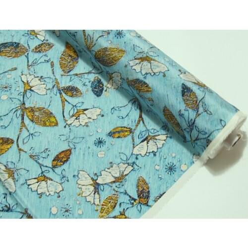 0.5meter blue leaf silk crepe DE chine cotton and linen fabrics print fabric for skirt dress 1pc= 50*130cm