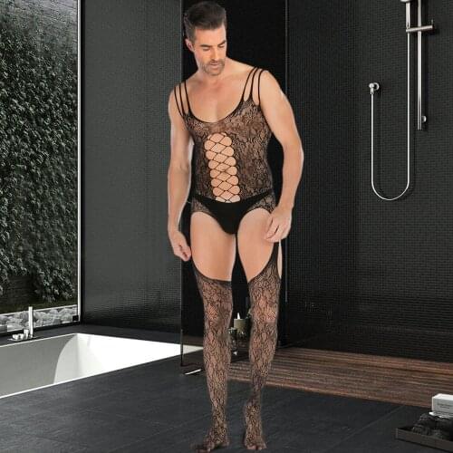 1PC Mens Sentiment Hollowed Out Black Sexy Perspective Net Intimates teddybeer body Lace pattern covered high socks fashion T3