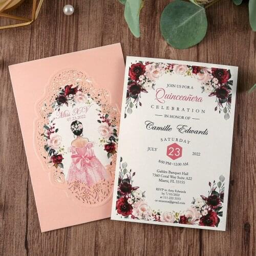 100pcs Pink Gold Burgundy Navy Blue Vertical laser cut Quinceamera Anniversary party wedding invitation