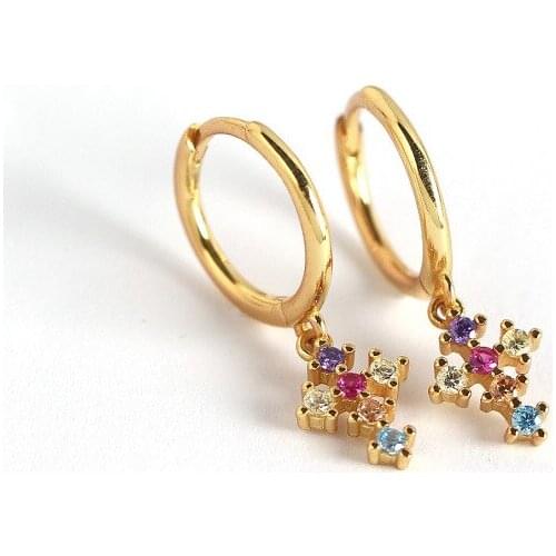 18K gold 100% Authentic 925 Sterling silver Prong Rainbow CZ Cross Hoop Huggie Earrings jEWELRY tle2147